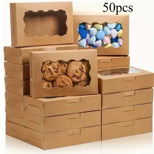 50pcs Cookie Box Kraft Paper with Window Dessert Box, Disposable Pastry Box, Bread Box Macaron Donut Packaging Box, Candy Box, French Fries, Cookie Box, Suitable for Holiday Packaging, Birthday Party, Graduation Party Small Gift Box