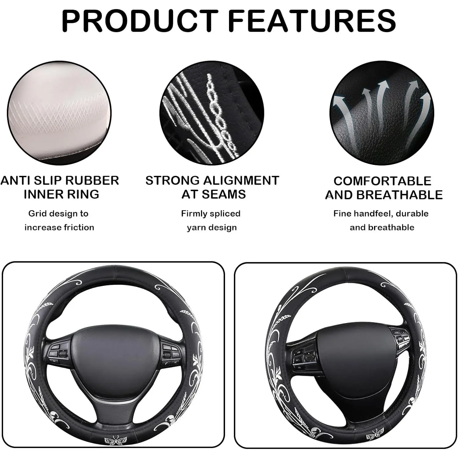 White Embroidery Butterfly Car Steering Wheel Cover,14.5-15 Inch Universal Leather Covers Breathable Anti-Slip Odorless Steering Wheels Accessories for Men White Embroidery Butterfly Car Steering Wheel Cover,14.5-15 Inch Universal Leather Covers Breathable Anti-Slip Odorless Steering Wheels Accessories for Men