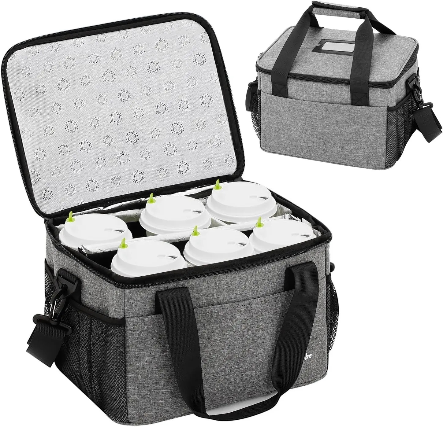 6 Cups Drink Carrier for Delivery, Insulated Drink Carrier,  Cup Holder with Handle, Adjustable Dividers,  Strap, Portable Cooler Tote Bag for Delivery, Outdoors, Travel,  (Grey)