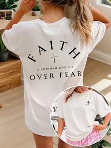 Unisex Faith Over Fear Bible Verse Graphic Tee, Christian Inspirational Short Sleeve T-Shirt for Religious Gatherings & Daily Outfits