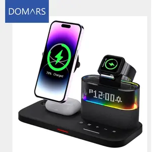 Domars 5 in 1 Wireless Charging Station,Mag-Safe Charger with Alarm Clock Night Light for Multiple Devices,Nightstand Charging Station for iPhone 17/16/15/14/13/12 Pro Max,for Apple Watch Series,Air-Pods