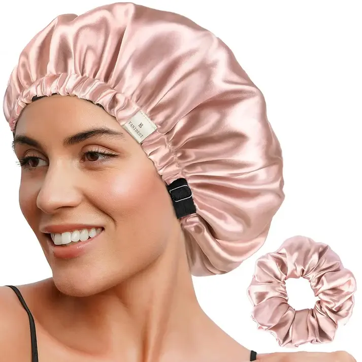 YANIBEST Adjustable Satin Bonnet Double Layer Hair Bonnet for Sleeping Bonnets for Women Hats Curly Natural Hair, Blush Pink