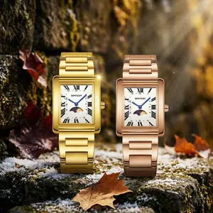 Old Money Aesthetic Square Watch for Women Elegant Vintage Moon Phase Wristwatch Stainless Steel Band