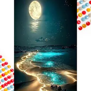 5D DIY Full Rhinestone Round Diamond Painting Kit - Moonlight Beach Mosaic, Canvas - DIY Wall Decor, Home Decoration, Suitable for Halloween, Christmas, Birthday, and Anniversary Gifts
