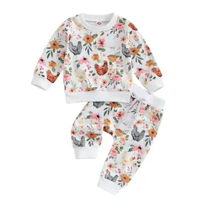 Toddler Infant Girl Boy Farm Outfit Chick& Flower Print Long Sleeve Sweatshirt Jogger Pants 2pcs Fall Winter Clothes
