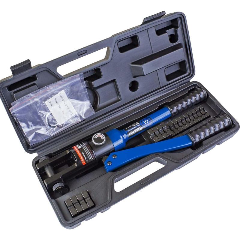 12 Ton Hydraulic Crimping Tool with 9 Standard  Dies, Crimps 8AWG to 4/0 AWG, Hardened Steel Construction with Oxidized Surface for Durability(Standard  8AWG to 4/0AWG)