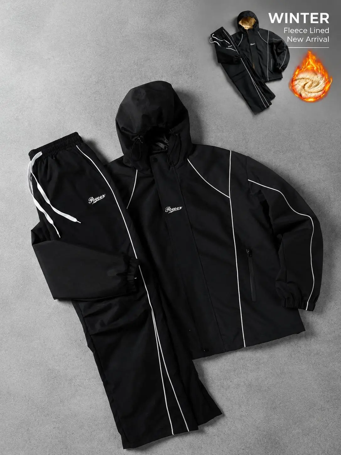 Men's 2-Piece Black Techwear Tracksuit Set - Fitted Cut, Y2K Reflective Piping Hooded Street-Tech Black Hoodie & Sweatpants, Edgy Fashion Streetwear Clothing Set,sohochic