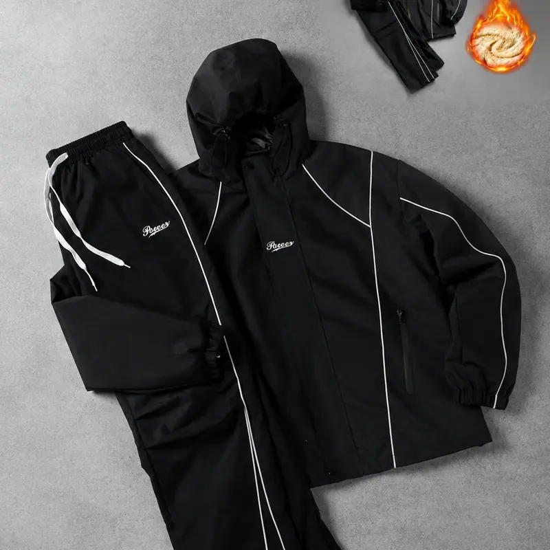 Men's 2-Piece Black Techwear Tracksuit Set - Fitted Cut, Y2K Reflective Piping Hooded Street-Tech Black Hoodie & Sweatpants, Edgy Fashion Streetwear Clothing Set,sohochic