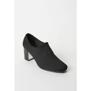 JUST FAB Women’s Black Slip‑On Heels Modern Minimalist Style Block Heeled Pump Fashion