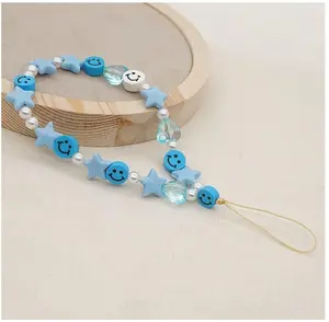 Phone Strap Wrist Lanyard Smiley Face Beaded Handmade Colorful Polymer Clay Acrylic Beads Pearl Charm for Women Girls