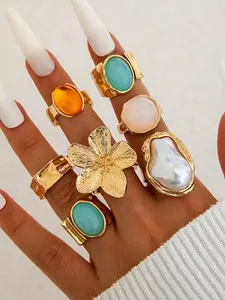 Elegant Women's Colorful Rhinestone Faux Pearl Fashion Rings Set, Unique Rings, Geometric Open Design, Perfect for Daily Wear & Gifts