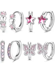 4 Pair Small Silver Hoop Earrings for Women Girls Pink/Blue Heart Star Butterfly Zirconia Hoop Earrings Hypoallergenic Sleeper Huggie Cartilage Earrings Set for Kids