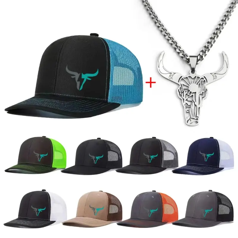 Unisex Bull Embroidery Necklace & Trucker Hat Set, Casual Fitted Design, Adjustable Size, Breathable Polyester Caps, All-Season Daily Wear Fashion Accessory