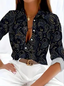 Women's Collar Shirt, Blouse, Casual Fitted Print Long Sleeve Top for Holiday Vacation Daily Wear, Ladies Clothes for All Seasons, Collared
