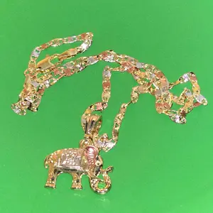 1.1 Inches Tricolor elephant pendant with tricolor 3mm 20-Inch Length chain. This set is plated in 14 karat gold, weighting 10 grams not water resistant