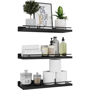 Black metal railing floating shelf, 3-piece wall decoration set, suitable for bedroom, bathroom, kitchen, living room, can hold plants, picture frames, and artwork - black