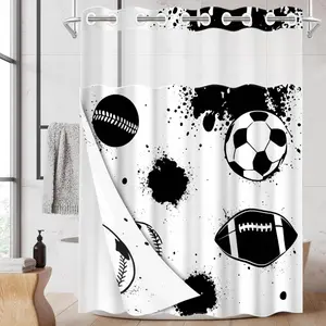 1pc hookless shower curtain with grommets and liner, football and rugby decorative design 2D flat printing, fabric waterproof liner shower curtain with see-through window double-layer, 71 x 74 inches, modern home curtain decor
