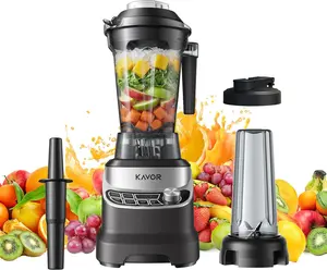Kitchen blender with 68 oz pitcher and 1800 watt maximum power. The blender has 3 preset programs and 7 speed levels. It is a professional tabletop blender suitable for making milkshakes, ice cubes, and frozen drinks. The color is silver.
