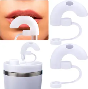 2pcs Anti Wrinkle Straw Cover, Sideways Suck Food Grade Silicone Straw Topper Cap, Reusable Wrinkle Free Dustproof Straw Tips for 10mm Stainless Steel Metal Glass Straw travel mug tumbler