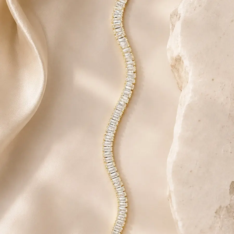 14K Gold-Plated Sparkling Wave CZ Bracelet, 19 cm