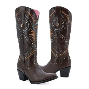 Women's genuine leather boots with intricate cowboy print, ankle height, and classic design for walking shoes - Girl