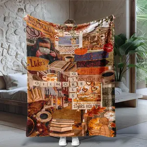 Gilmore Girls Theme Flannel Throw Blanket, Luke's Diner & Autumn Festive Elements, Retro Classic TV Show Atmosphere, Cozy Vintage Style
