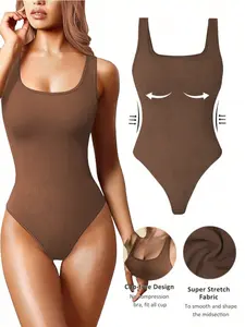 Seamless Ribbed Shapewear Bodysuit for Women, Tummy Control Tank, Stretchy Compression Sleeveless Thong, Everyday Sculpting One Piece, Smooth, Body Shaping Bodysuit