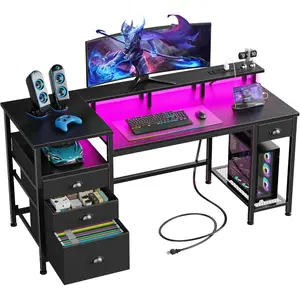 60" Black Computer Desk with 4 Drawers and Printer Space, Gaming Desk with LED Lights and USB Power Outlets, Home Office Desk