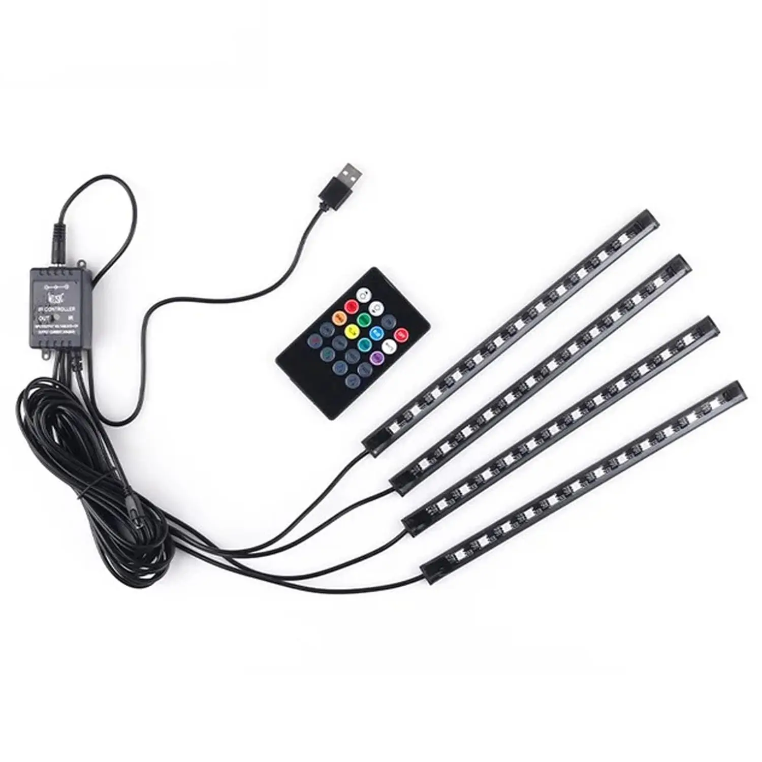 48-LED DC 5V Multicolor Music-Activated Car Ambient Strip Light Kit, Under Dash Ambient Lighting Car with Sound-Active Function, Wireless Remote Control, 4 USB Ports & DIY Blue Sync Mode, Car Interior Decor