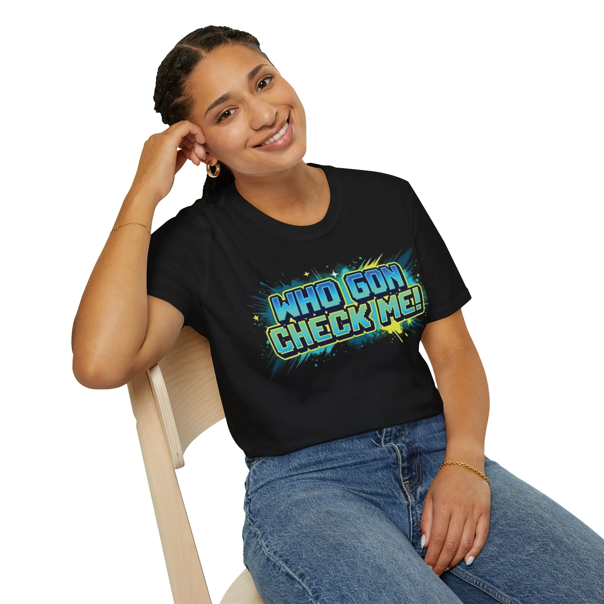 Men's Streetwear Graphic T-Shirt, Smooth 100% Cotton Crew Neck with Retro Comic "Who Gon Check Me" Print, Menswear Tee