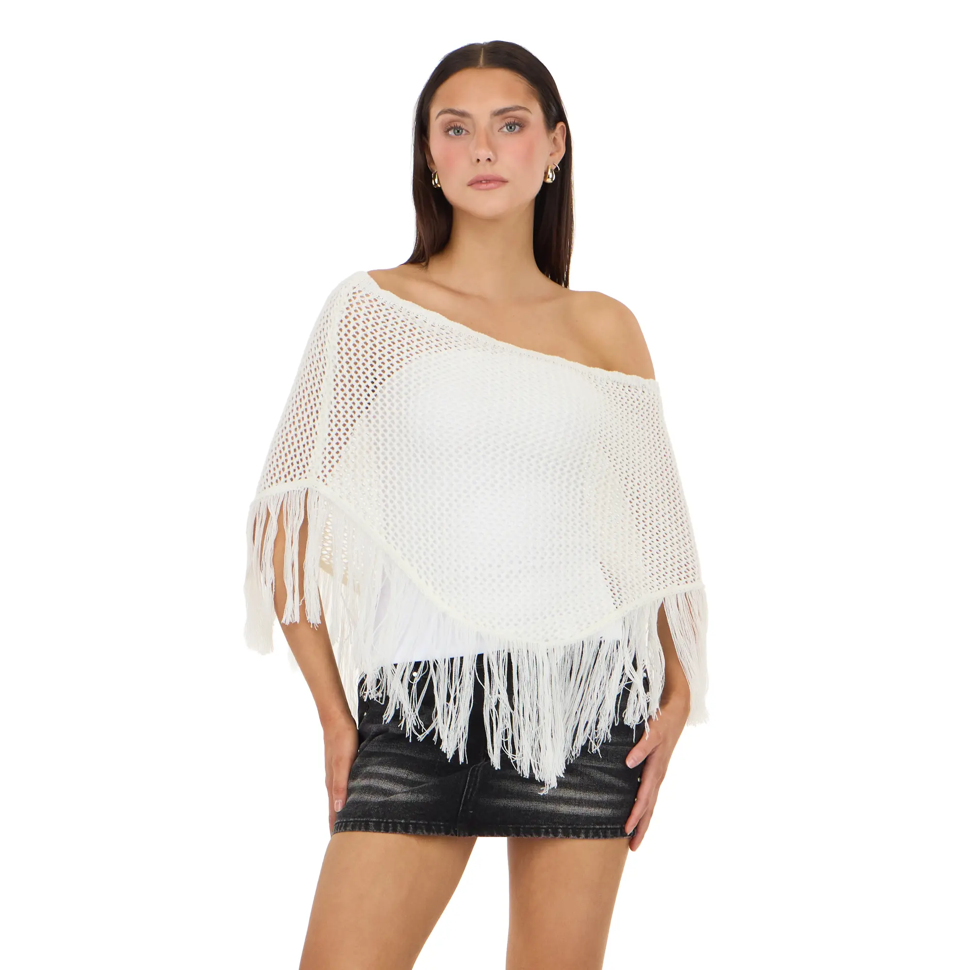 Forever 21 Women's Lightweight Affordable Fashion Bohemian Cropped Off-Shoulder Sparkly Fringed Crochet Knit Poncho Pullover - Beach Cover-Up, Festival Wear, Denim Shorts, Warm Weather, Oversized Crop Women's Pullovers, Semi-Sheer Lightweight Women's Pull