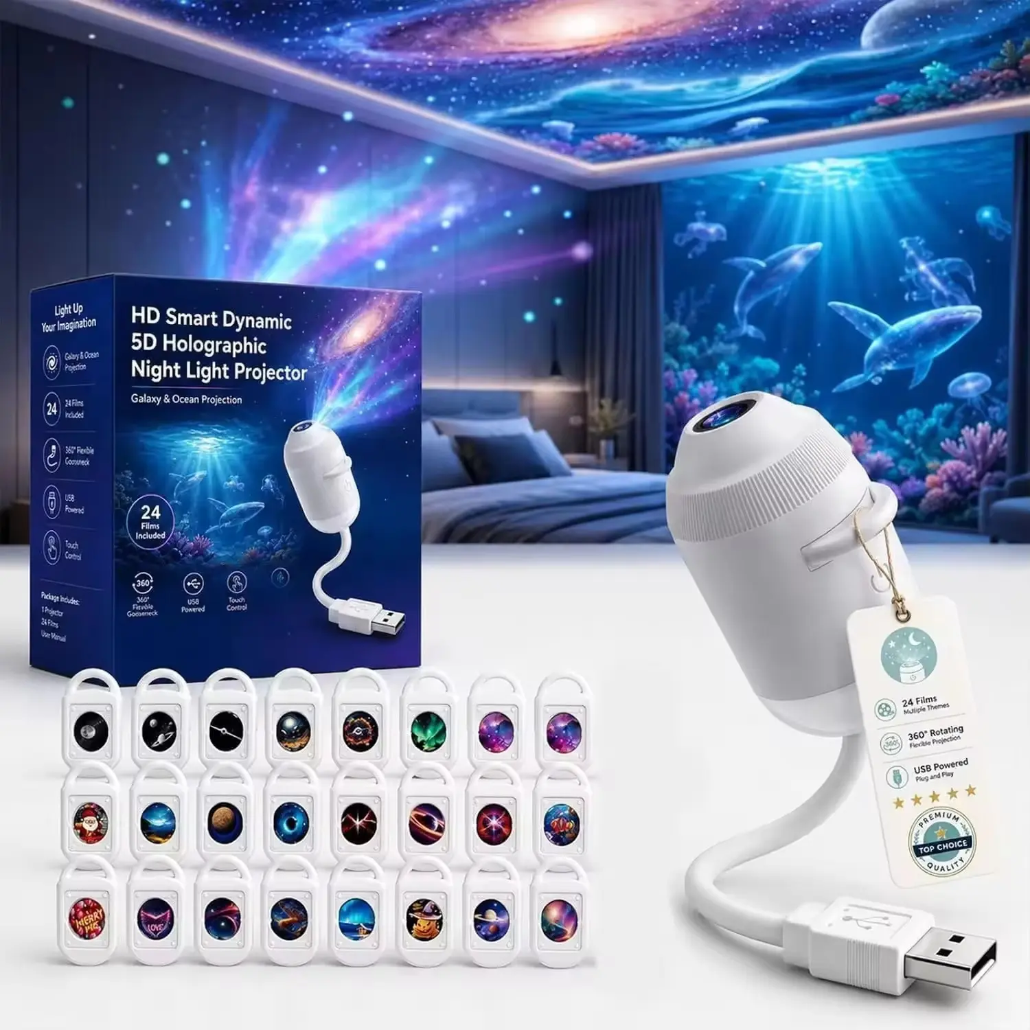HD Smart Dynamic 5D Holographic Night Light Projector, 2-in-1 Galaxy Star and Ocean Projector with 24 Films for Bedroom Decor