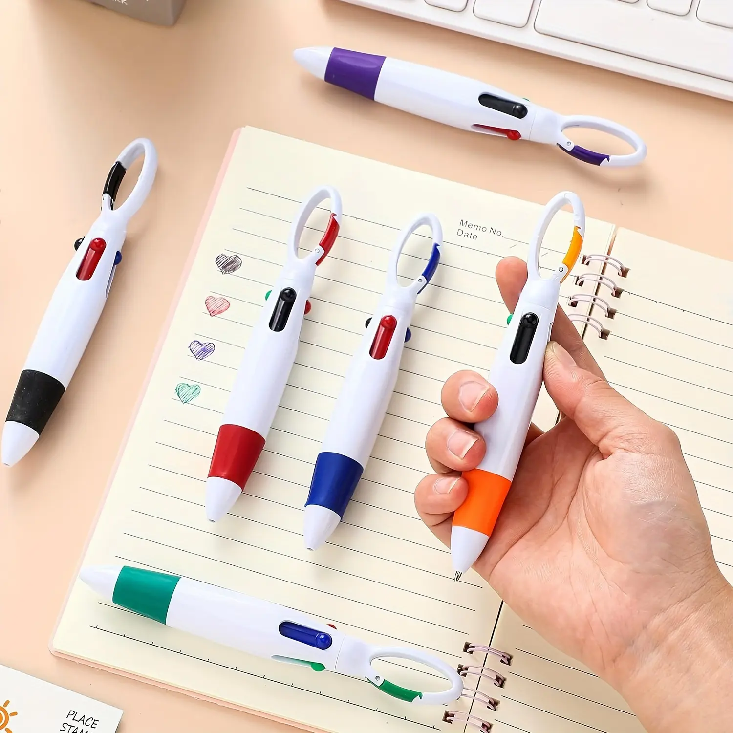3/6pcs Plastic Hook and Loop 4 in 1 Multicolor Pens with Keychain
