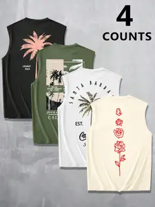 Men's Letter & Palm Tree Print Stylish Tank Top, Regular Fit Casual Sleeveless Round Neck Top for Summer, Men's Top for Beach Vacation, Menswear