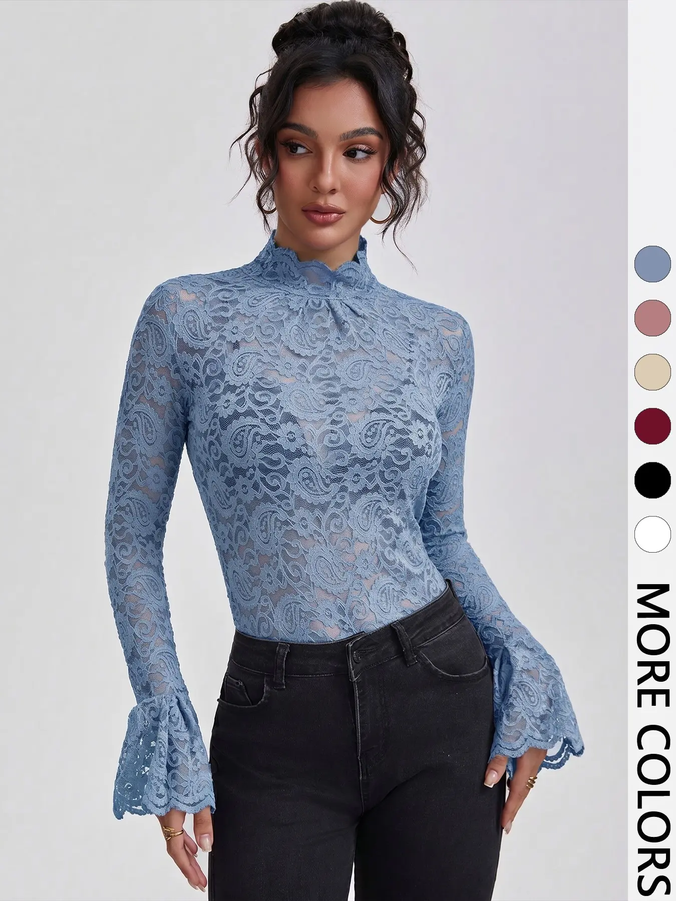 Women's Lace Long Sleeve High Neck Flare Sleeve Top Blouse Shirts, Elegant French Style Chic Slim Fit Breathable Hollow Out Design, Perfect for Dating Parties Commuting