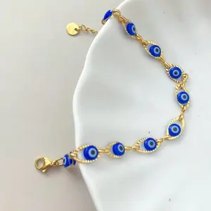 Elegant Evil Eye Bracelet with Blue Beads and Gold Accents, Simple Design, Adjustable Chain