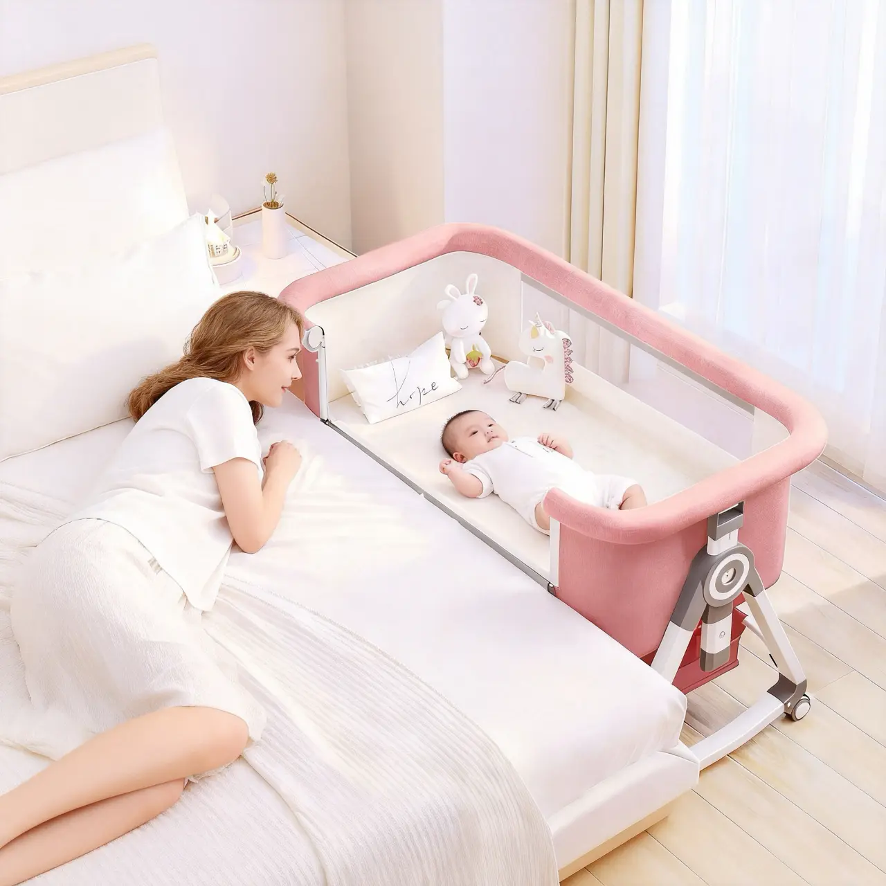 5 in 1 Baby Bassinet & Bedside Sleeper with Rocking Mode, Portable Crib for Newborn with Wheels, Foldable Bedside Crib for 6 Height Adjustable, Breathable Mesh, Soft Mattress, Storage Basket & Removable Mosquito Net