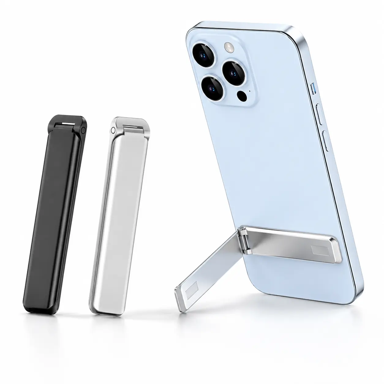 Ultra Thin Metal Phone Kickstand, Adjustable Foldable Stick-On Cell Phone Stand for Back of Phone or Case, Portrait & Landscape Desk Holder, Black/Silver