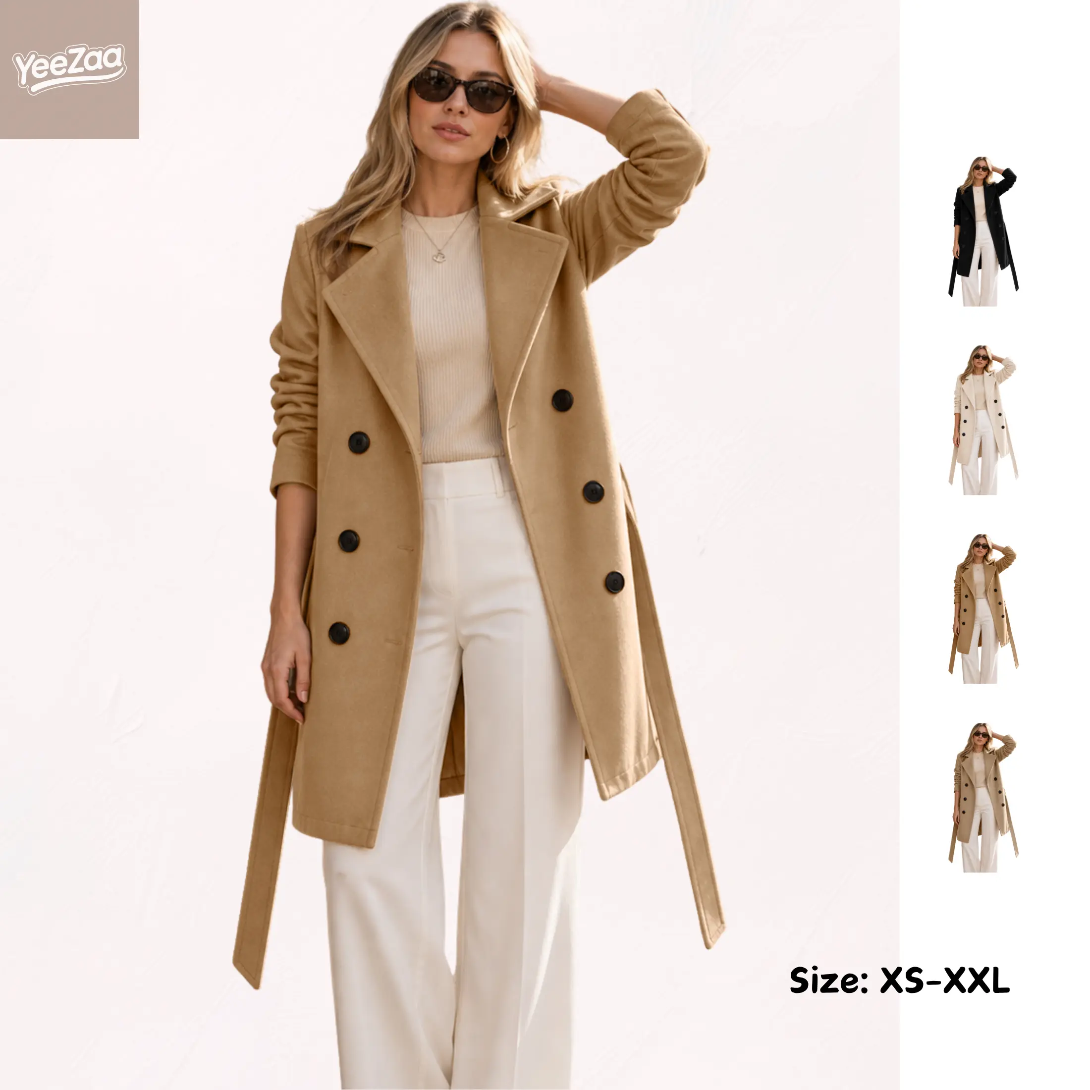 YeeZaa Mid-thigh Trench Coat for Women Casual Notch Lapel Peacoat with Adjustable Waist Belt Double Breasted Winter Faux Wool Coat Classic Fall Winter Overcoat 2026 Fall Winter Fashion Trendy