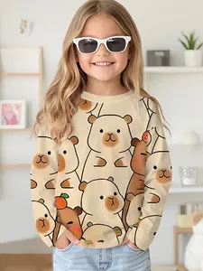 Light yellow bear all-over digital printed long-sleeve crewneck drop-shoulder sweatshirt top T-shirt, long-sleeve T-shirt clothing for girls in spring and autumn, 100% polyester, the best gift for girls