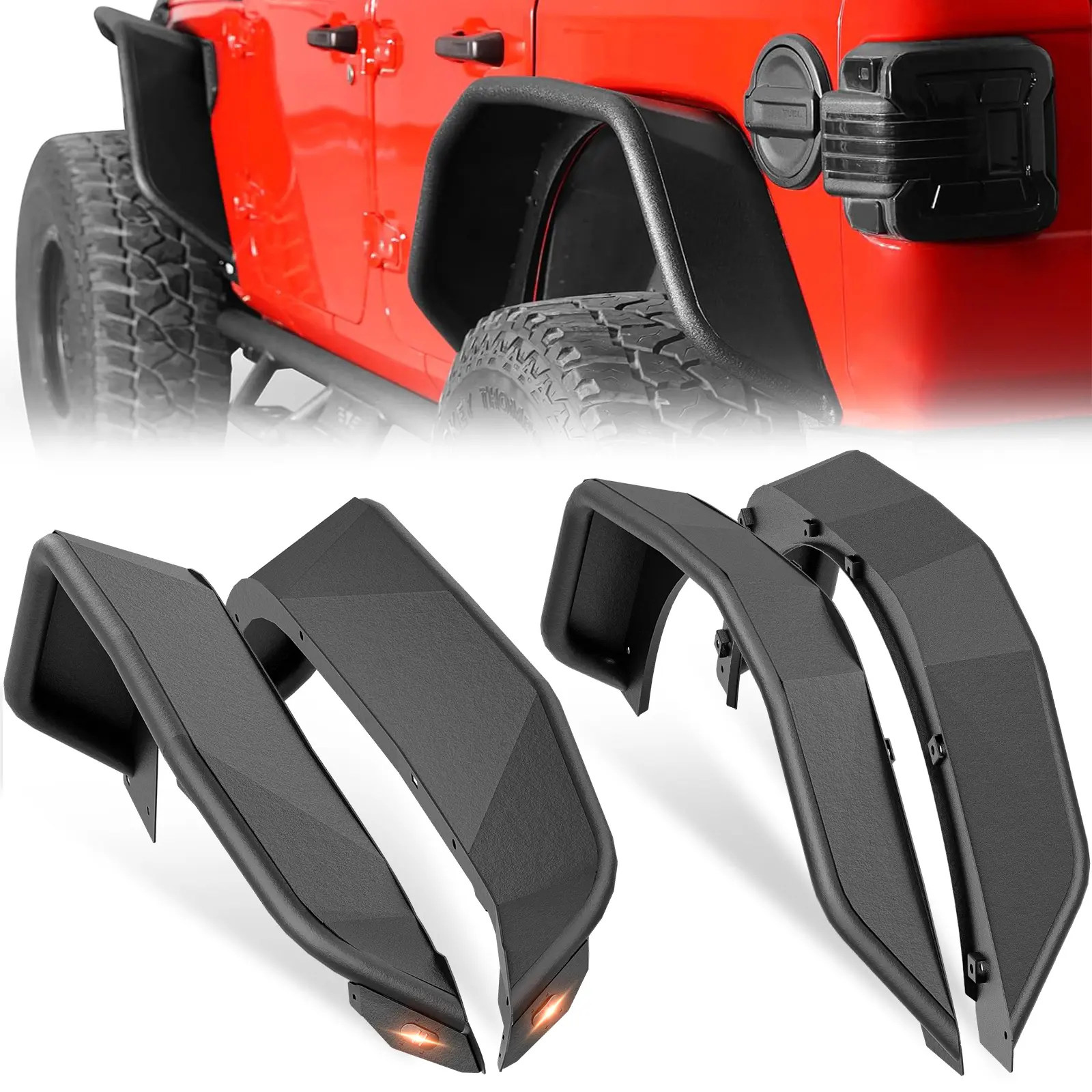 【EYOUHZ】Front and Rear Fender Flares with Turn Signal Lights Compatible with 2018-2026 Jeep Wrangler JL JLU Unlimited 2/4 Doors, 4-PCS Steel Tube Mud Guard Off-Road Wheel Fender