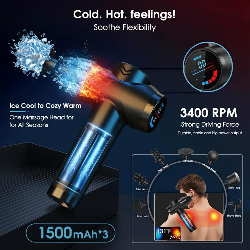 AERLANG Massage Gun with Heat and Cold Deep Tissue Percussion Massager for Pain Relief 7 Interchangeable Heads & LCD Display Travel-Friendly Gift