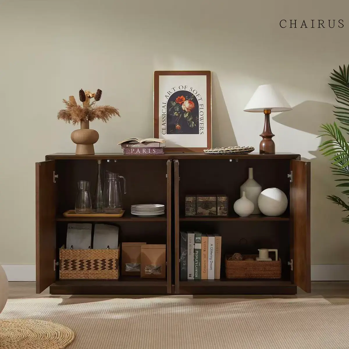 CHAIRUS 4-Door Indoor Accent Cabinet, Solid Wood Carved Push-to-Open Doors, Adjustable Shelves, Cable Management Opening, Semi-Open Painted Finish Ash Veneer Modern Sideboard for Living Room