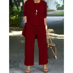 2026Casual Three-Piece Solid Set, Long Sleeve Cardigan & Top & Long Pants Outfits, Women'S Clothing..