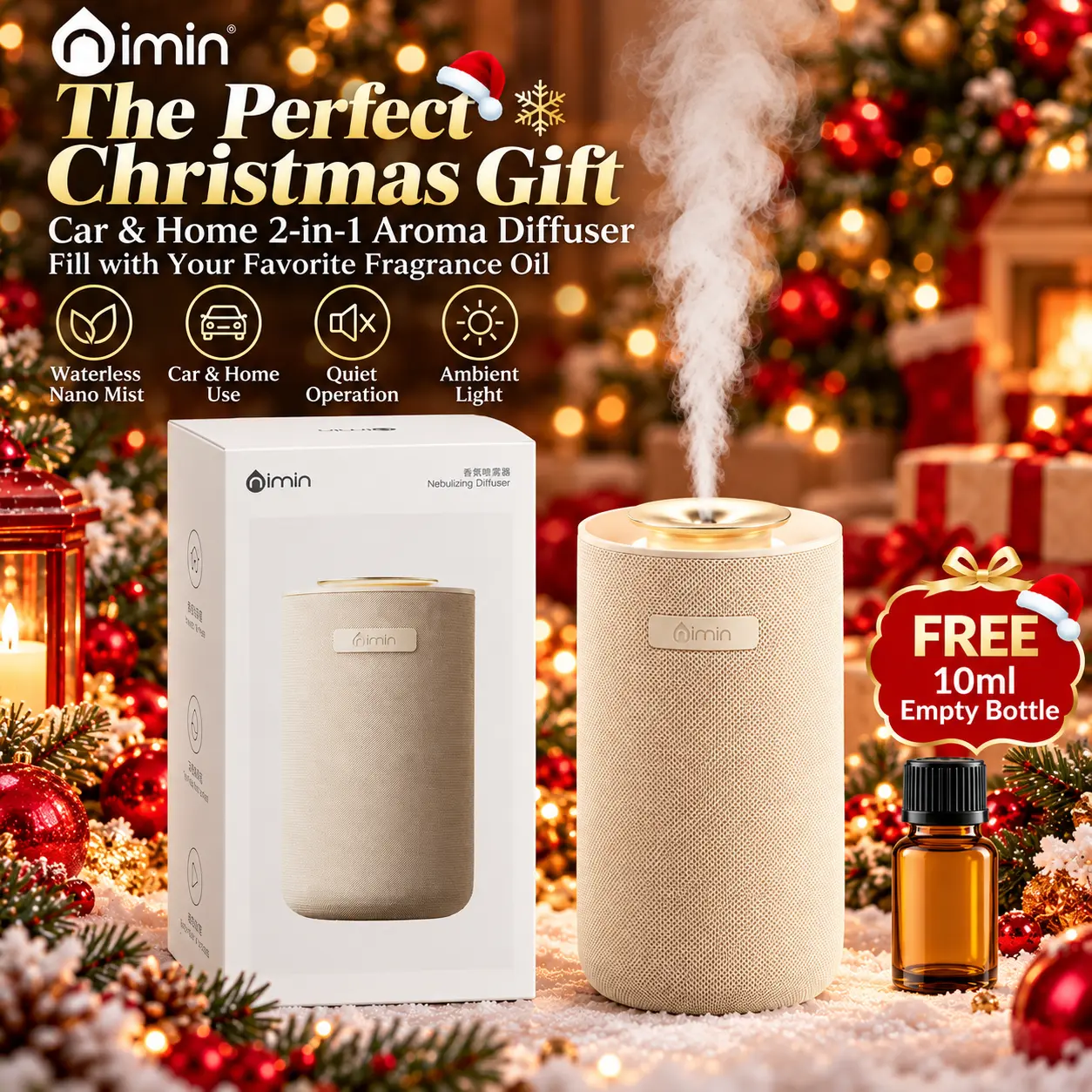 Nimin 2-in-1 Car & Home Waterless Aroma Diffuser, Cordless Rechargeable, Adjustable Scent Modes, Auto Start/Stop, Quiet Operation, Up to 50m² Coverage, Free 10ml Empty Bottle, No Oil Included