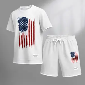 Men's The American Flag Print Waffle Fabric Short-Sleeved Shirt And Shorts Set