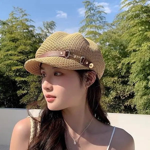 Summer Hollow Breathable Leather Belt Beret Women's Retro Travel Sunshade Hat Casual Woven Sunscreen Duckbill Cap