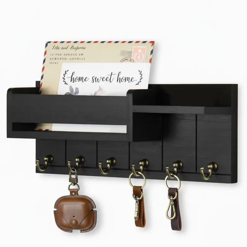 Key Wooden Holder for Wall, Decorative Key & Mail Holder with Shelf, Large Hooks for Bags & Coats, Birthday & Christmas Gifts Organizer Storage