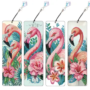 Flamingo Pattern DIY Diamond Arts Colorful Painting Kit, 4 Counts/set Bookmark with Tassel, DIY Decorative Pendant for Bag, Car, Water Cup, Phone Case