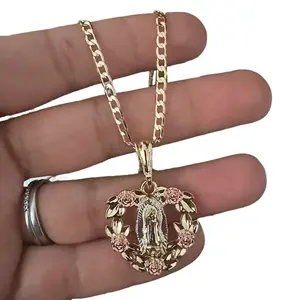 Virgin Mary Necklace, Cadenita, Gold Plated Heart Necklace with Cuban Linked Chain